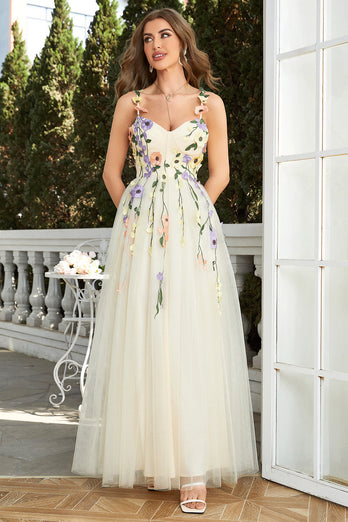 Spaghetti Straps Green Long Prom Dress With 3D Flowers
