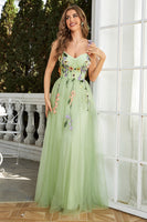 Load image into Gallery viewer, Spaghetti Straps Green Long Prom Dress With 3D Flowers
