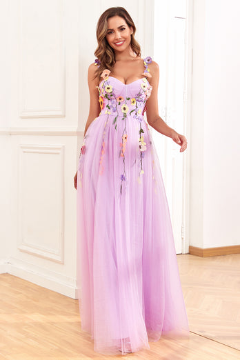 Purple Spaghetti Straps Prom Dress With 3D Flowers