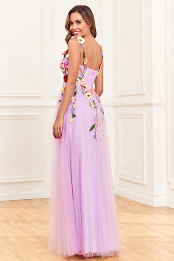 Purple Spaghetti Straps Prom Dress With 3D Flowers