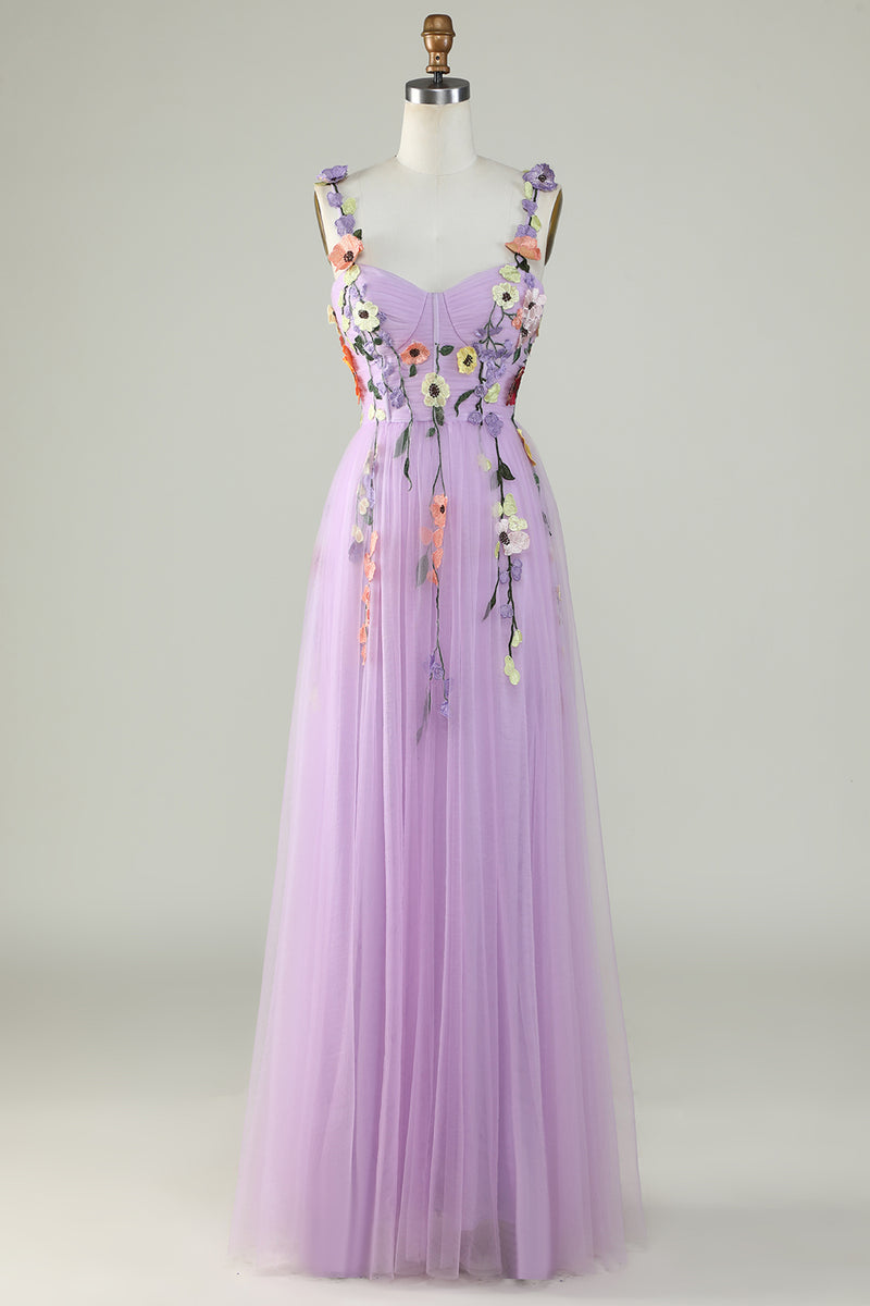 Load image into Gallery viewer, Purple Spaghetti Straps Prom Dress With 3D Flowers