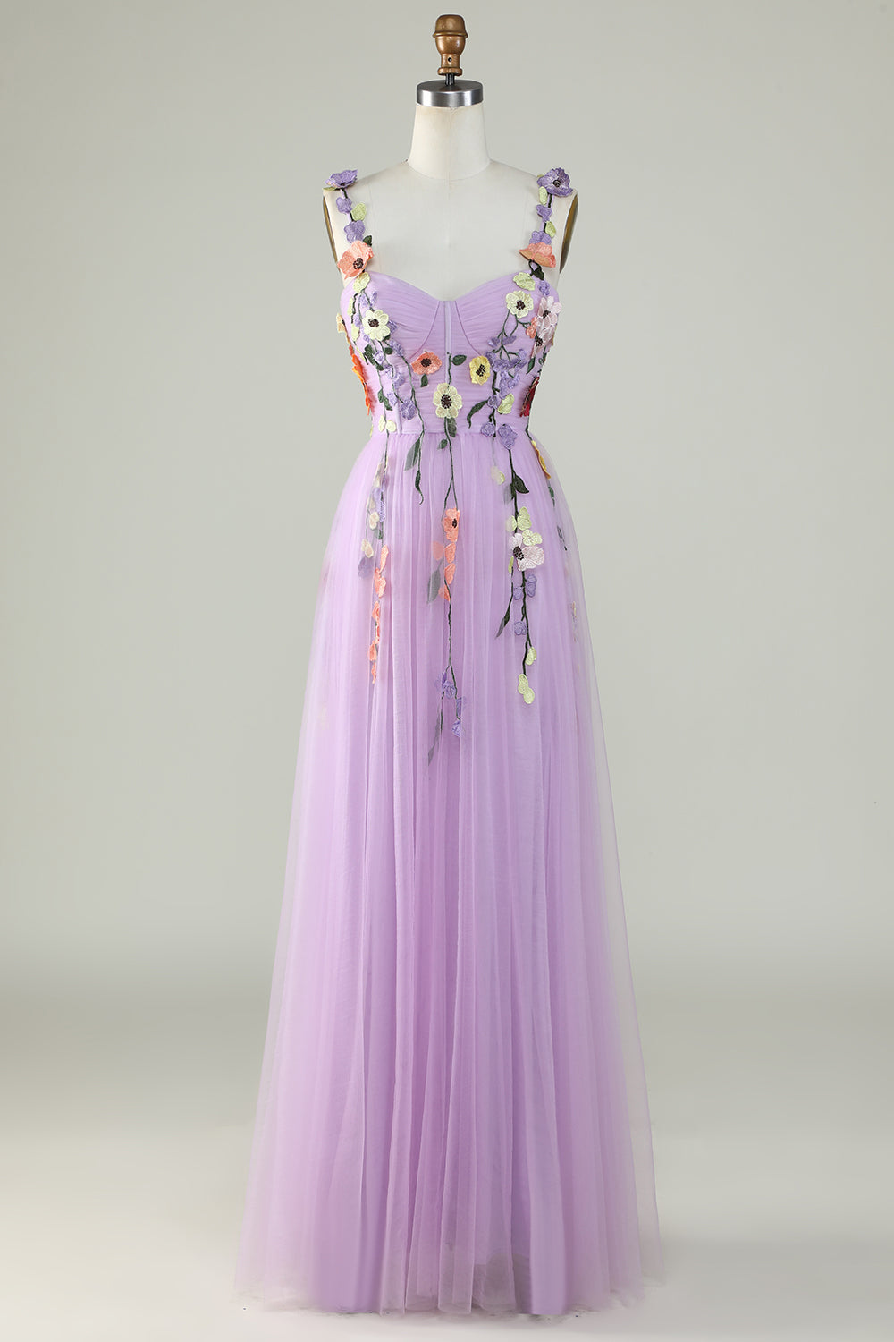 Purple Spaghetti Straps Prom Dress With 3D Flowers