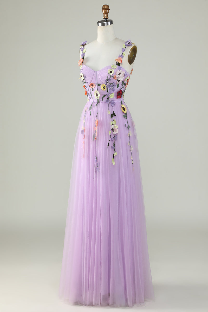 Load image into Gallery viewer, Purple Spaghetti Straps Prom Dress With 3D Flowers