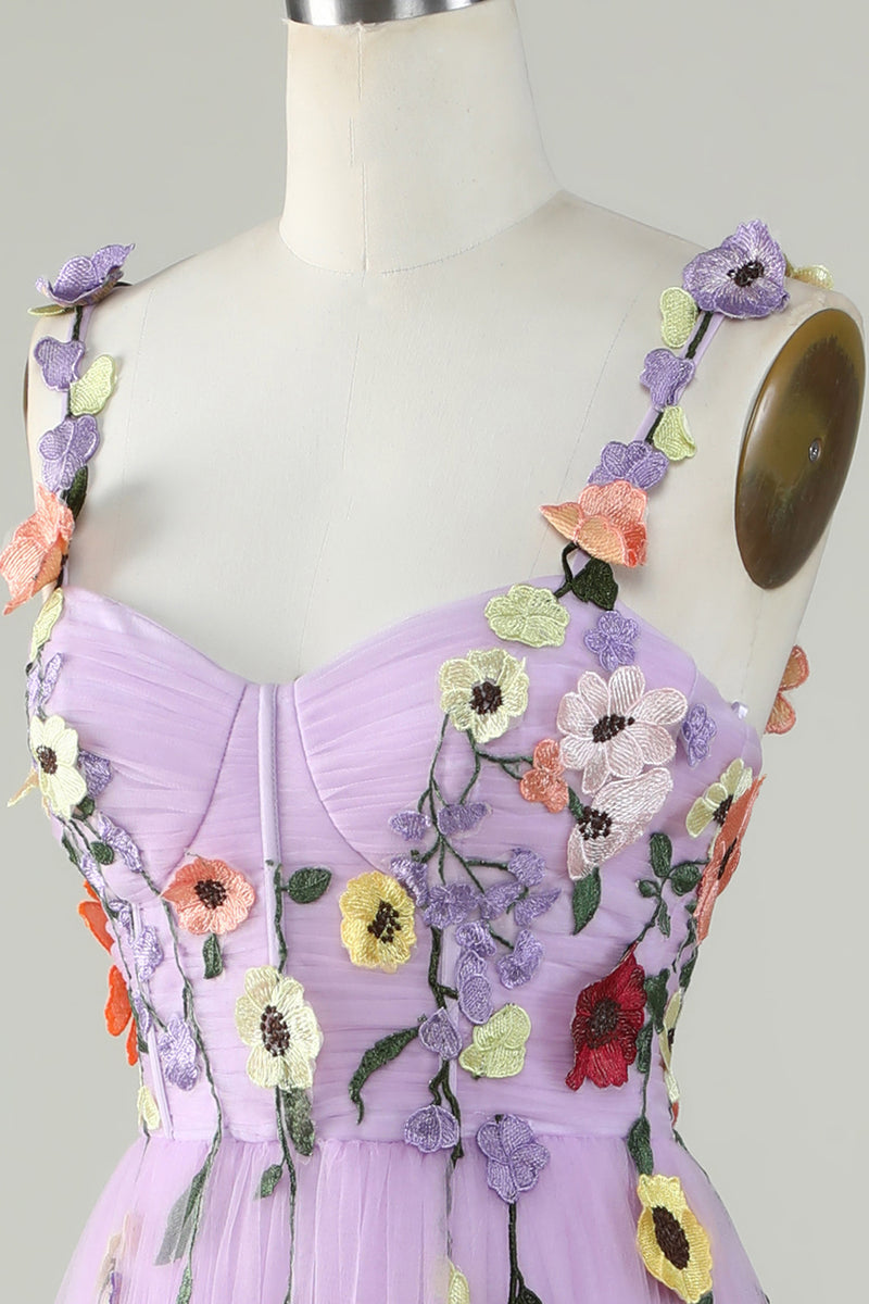 Load image into Gallery viewer, Purple Spaghetti Straps Prom Dress With 3D Flowers