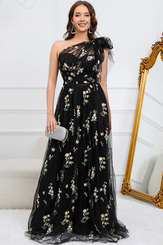 Tulle One Shoulder Black Long Prom Dress with Embroidery
