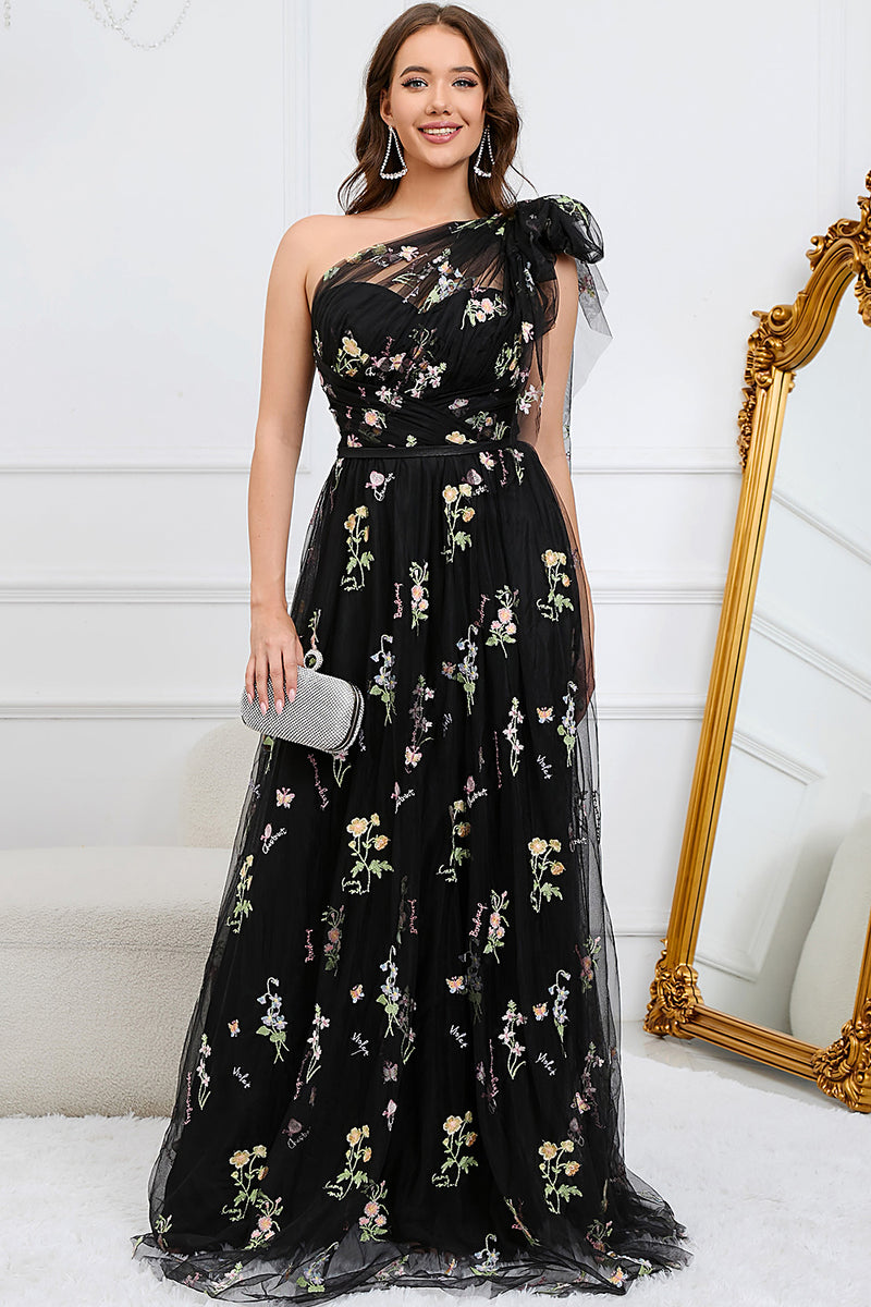 Load image into Gallery viewer, Tulle One Shoulder Black Long Prom Dress with Embroidery