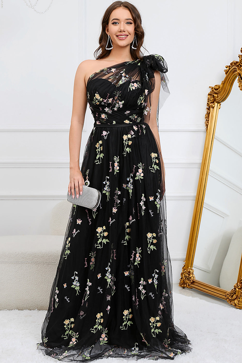 Tulle One Shoulder Black Long Prom Dress with Embroidery