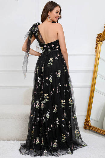 Tulle One Shoulder Black Long Prom Dress with Embroidery