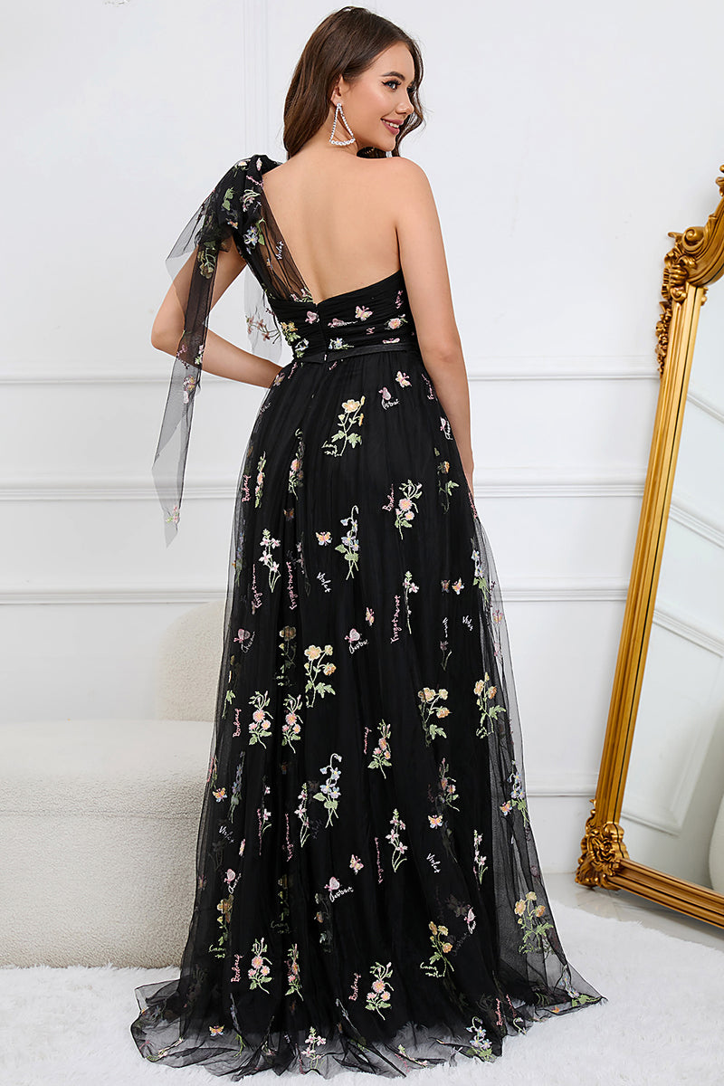 Load image into Gallery viewer, Tulle One Shoulder Black Long Prom Dress with Embroidery