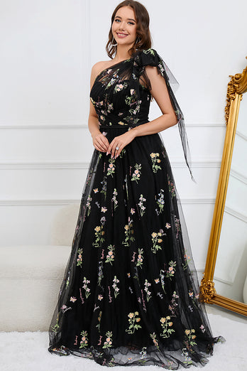 Tulle One Shoulder Black Long Prom Dress with Embroidery