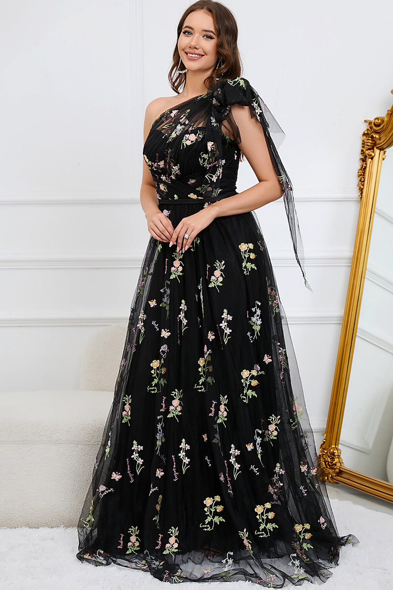 Load image into Gallery viewer, Tulle One Shoulder Black Long Prom Dress with Embroidery