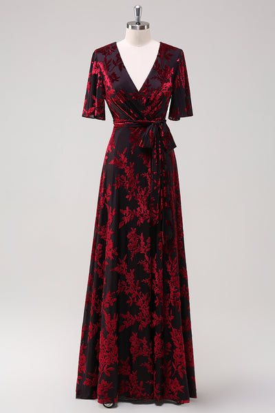 Women Burnout Velvet Burgundy Mother of Bride Dress V-neck Bridesmaid Dress