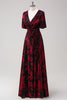 Load image into Gallery viewer, Burgundy A-Line Velvet Burnout Wrap Short Sleeves Long Prom Dress with Slit
