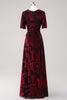 Load image into Gallery viewer, Burgundy A-Line Velvet Burnout Wrap Short Sleeves Long Prom Dress with Slit