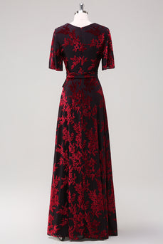Burgundy A-Line Velvet Burnout Wrap Short Sleeves Long Prom Dress with Slit