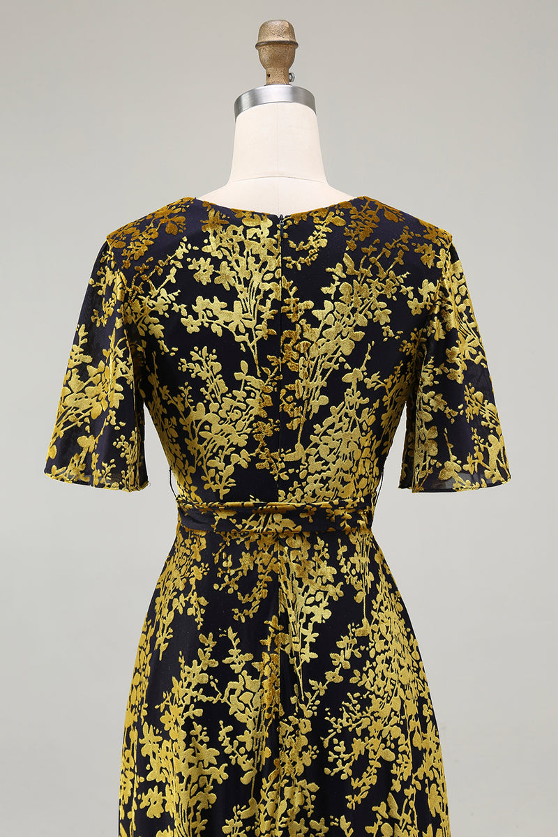 Load image into Gallery viewer, Golden Purple Burnout Wrap A-Line Velvet Long Prom Dress with Sleeves