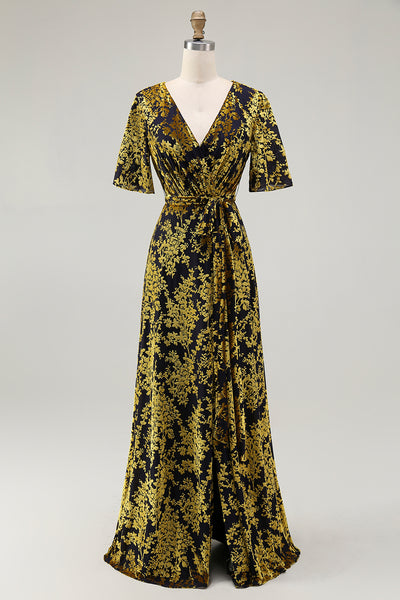 Women Velvet Golden Purple Mother of Bride Dress Burnout V-neck Short Sleeves Bridesmaid Dress