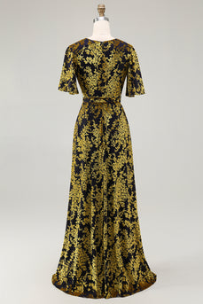 Golden Purple Burnout Wrap A-Line Velvet Long Prom Dress with Sleeves