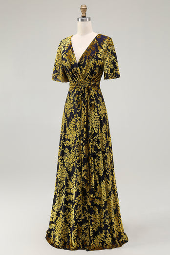 Golden Purple Burnout Wrap A-Line Velvet Long Prom Dress with Sleeves
