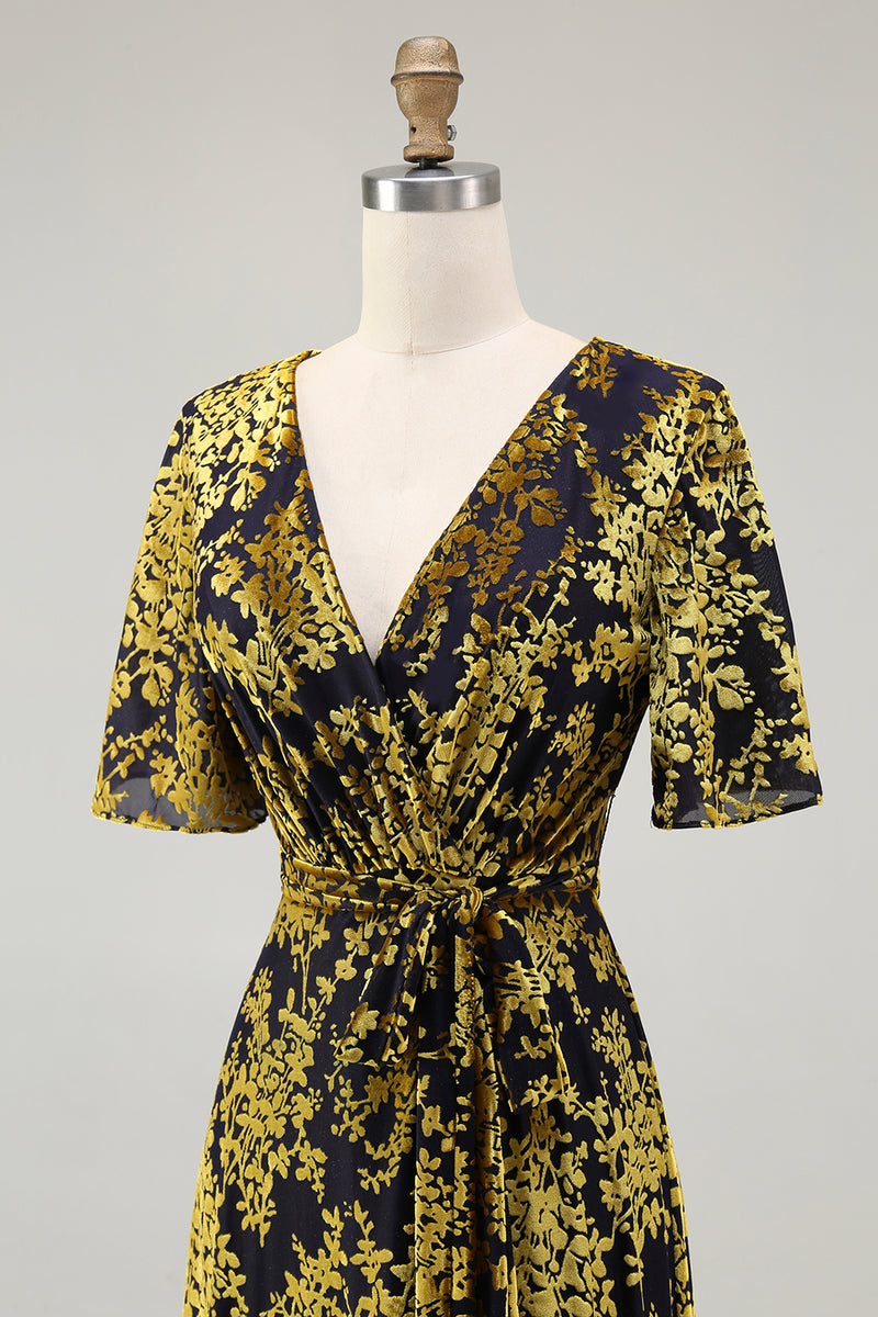 Load image into Gallery viewer, Golden Purple Burnout Wrap A-Line Velvet Long Prom Dress with Sleeves