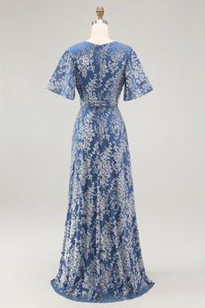 Blue A-Line Burnout Wrap Velvet Long Prom Dress with Sleeves