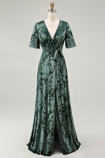 Blue A-Line Burnout Wrap Velvet Long Prom Dress with Sleeves