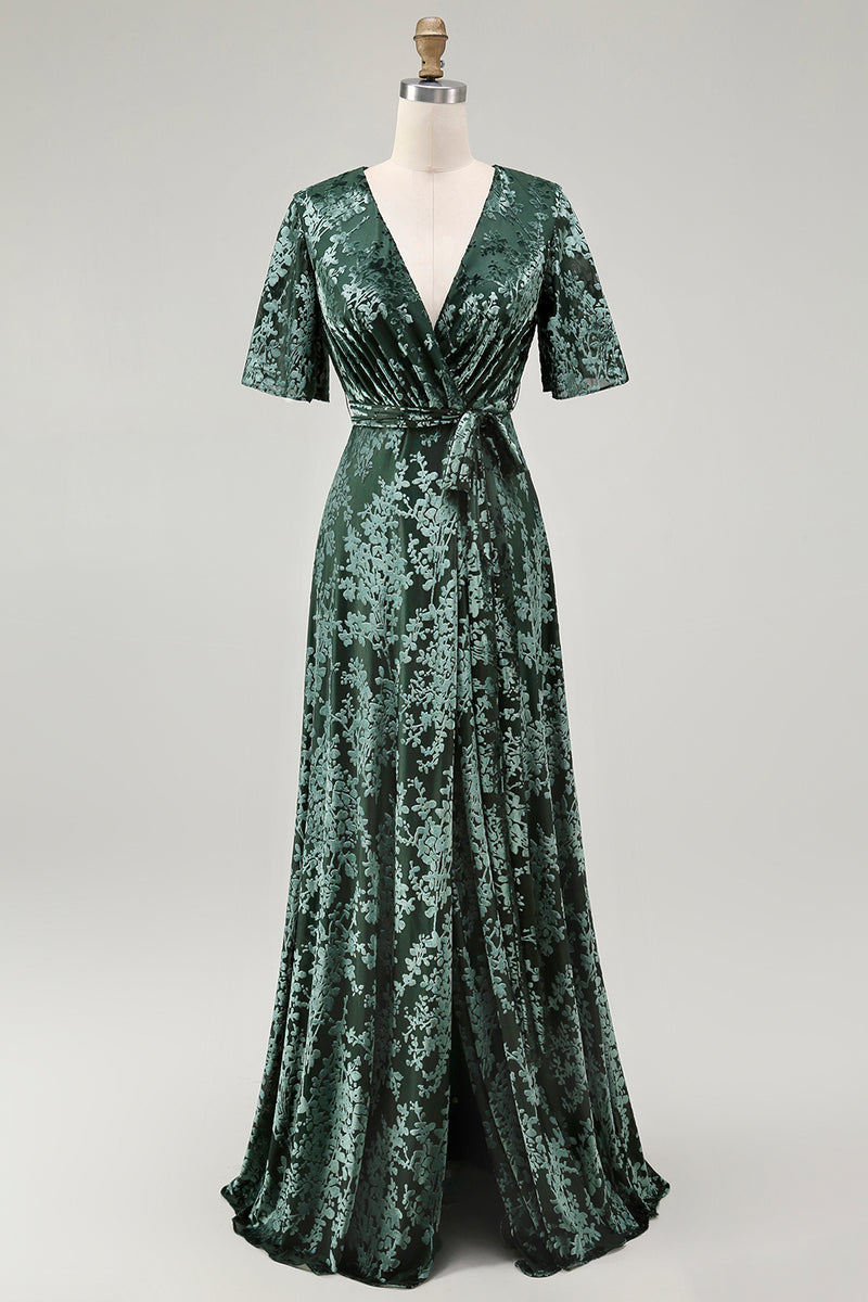 Load image into Gallery viewer, Golden Purple Burnout Wrap A-Line Velvet Long Prom Dress with Sleeves
