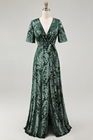 Load image into Gallery viewer, Burnout Velvet Dark Green Mother of Bride Dress