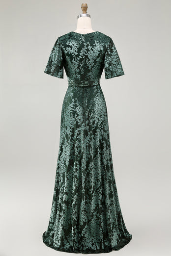 Blue A-Line Burnout Wrap Velvet Long Prom Dress with Sleeves