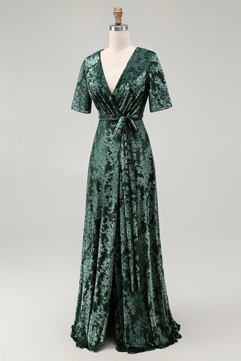 Blue A-Line Burnout Wrap Velvet Long Prom Dress with Sleeves