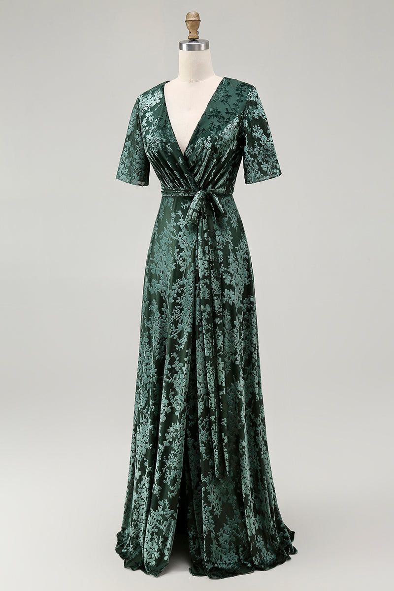 Load image into Gallery viewer, Golden Purple Burnout Wrap A-Line Velvet Long Prom Dress with Sleeves
