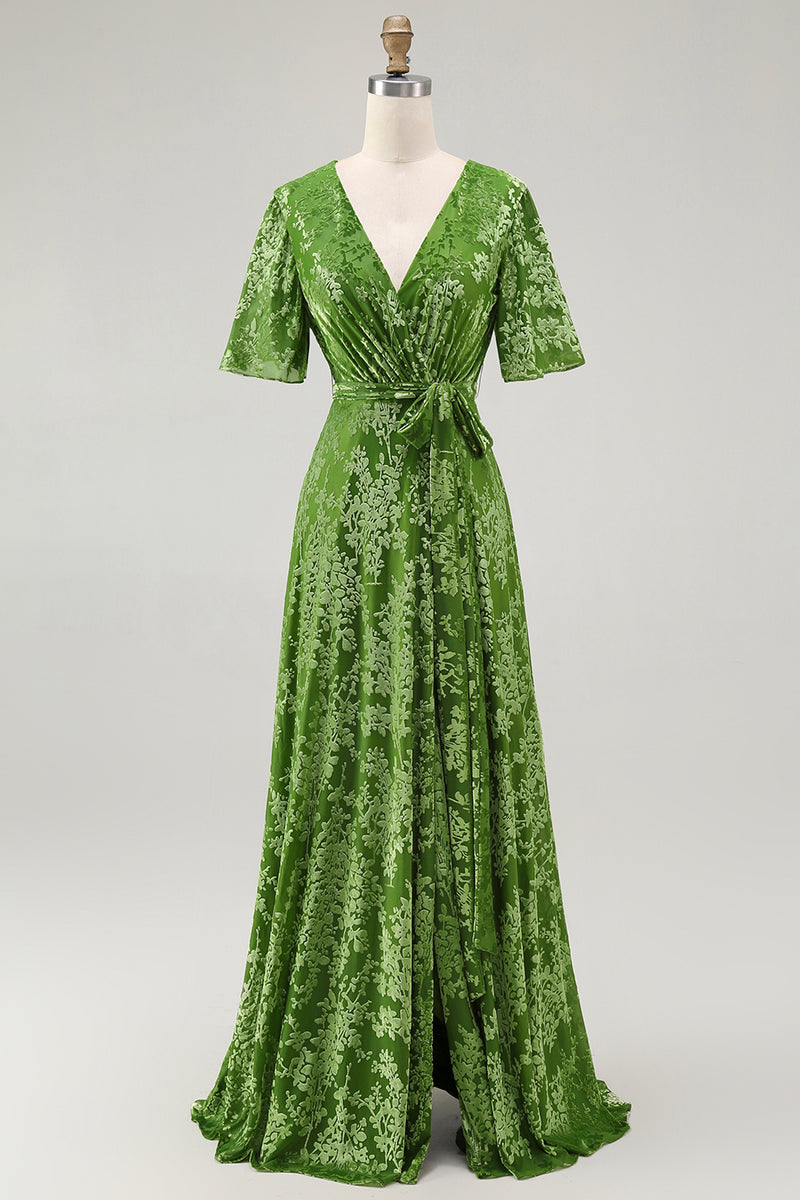 Load image into Gallery viewer, Golden Purple Burnout Wrap A-Line Velvet Long Prom Dress with Sleeves