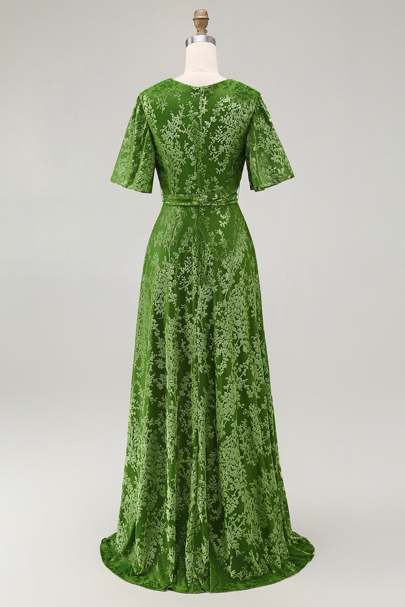 Load image into Gallery viewer, Burnout Velvet Dark Green Mother of Bride Dress