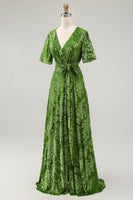 Load image into Gallery viewer, Golden Purple Burnout Wrap A-Line Velvet Long Prom Dress with Sleeves