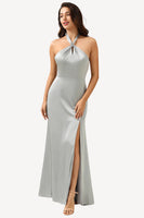 Load image into Gallery viewer, Sheath Halter Neck Silver Long Bridesmaid Dress