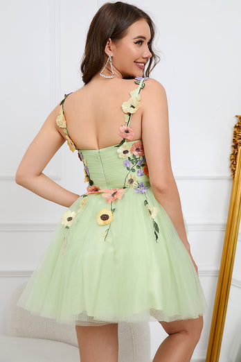 A-Line Spaghetti Straps Green Short Prom Dress with Appliques