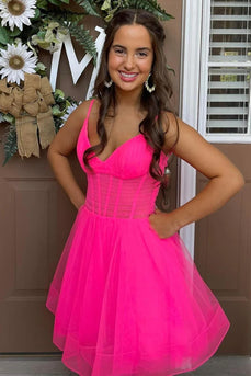 A-Line Corset Hot Pink Short Prom Dress