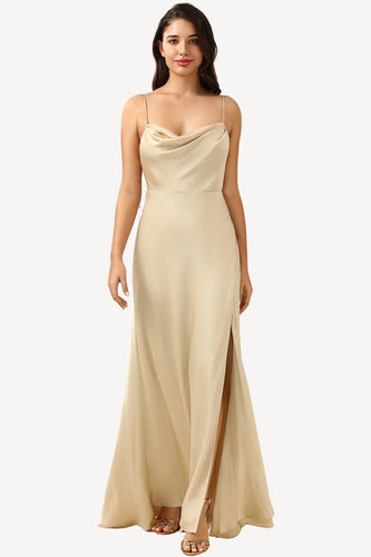 Spaghetti Straps Champagne Wedding Guest Dress with Slit