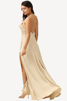 Load image into Gallery viewer, Spaghetti Straps Champagne Wedding Guest Dress with Slit