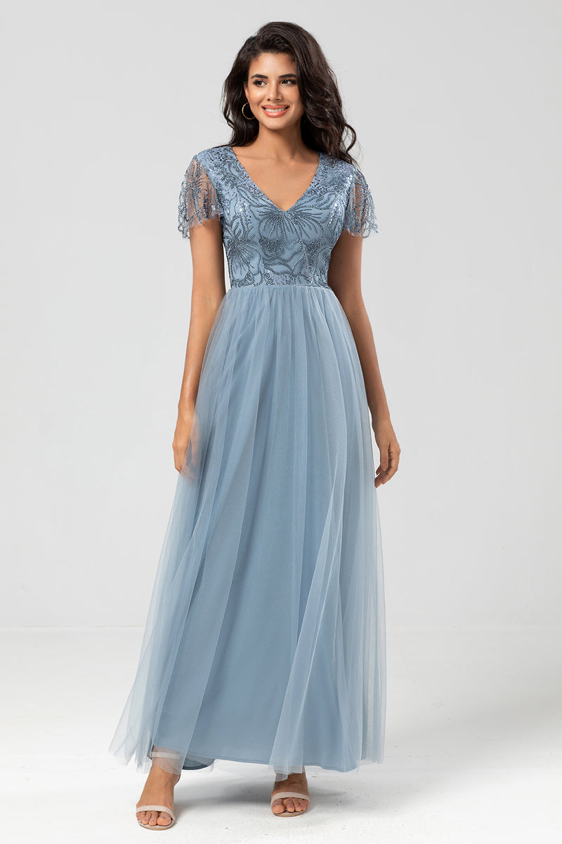 Load image into Gallery viewer, Sparkly V-Neck Dusty Pink Bridesmaid Dress with Beading