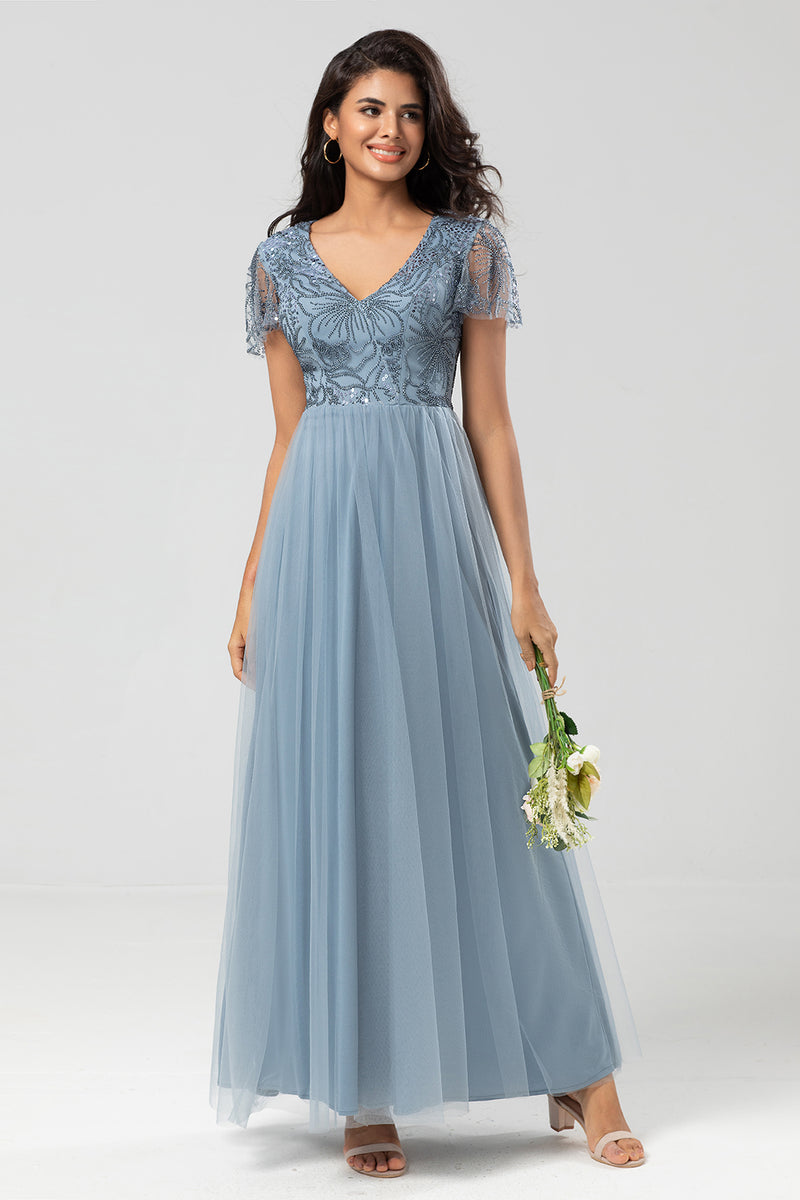 Load image into Gallery viewer, Sparkly V-Neck Dusty Pink Bridesmaid Dress with Beading