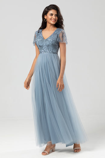 Sparkly V-Neck Dusty Pink Bridesmaid Dress with Beading