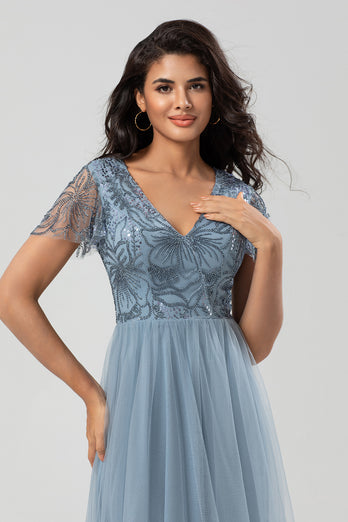 Sparkly V-Neck Dusty Pink Bridesmaid Dress with Beading
