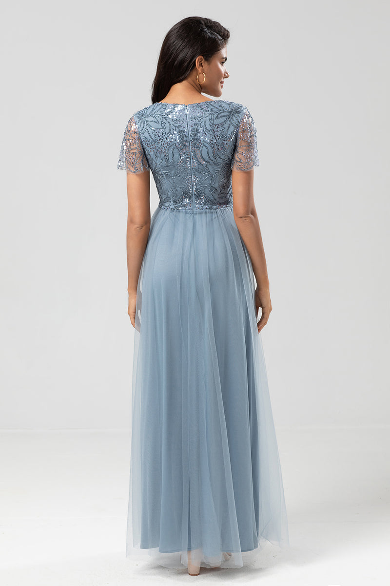 Load image into Gallery viewer, Sparkly V-Neck Dusty Pink Bridesmaid Dress with Beading