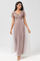 Load image into Gallery viewer, Sparkly V-Neck Dusty Pink Bridesmaid Dress with Beading