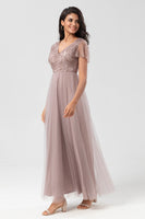 Load image into Gallery viewer, Sparkly V-Neck Dusty Pink Bridesmaid Dress with Beading