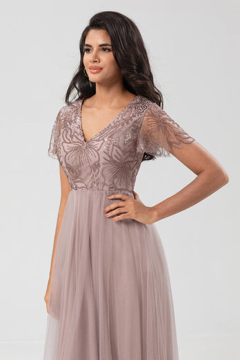Sparkly V-Neck Dusty Pink Bridesmaid Dress with Beading