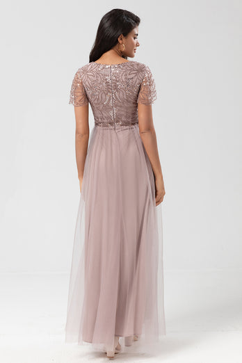 Sparkly V-Neck Dusty Pink Bridesmaid Dress with Beading