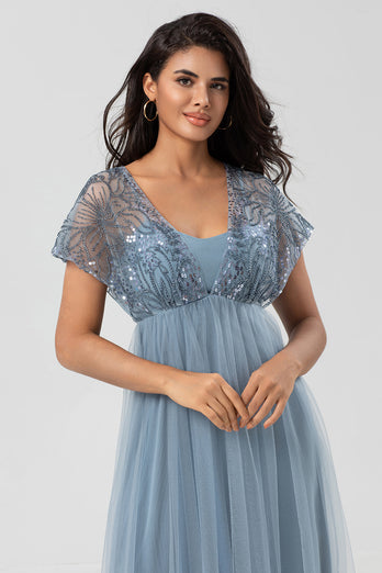 A-Line Tulle Beaded Sage Bridesmaid Dress