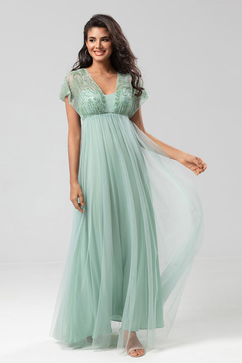 Load image into Gallery viewer, A-Line Tulle Beaded Sage Bridesmaid Dress